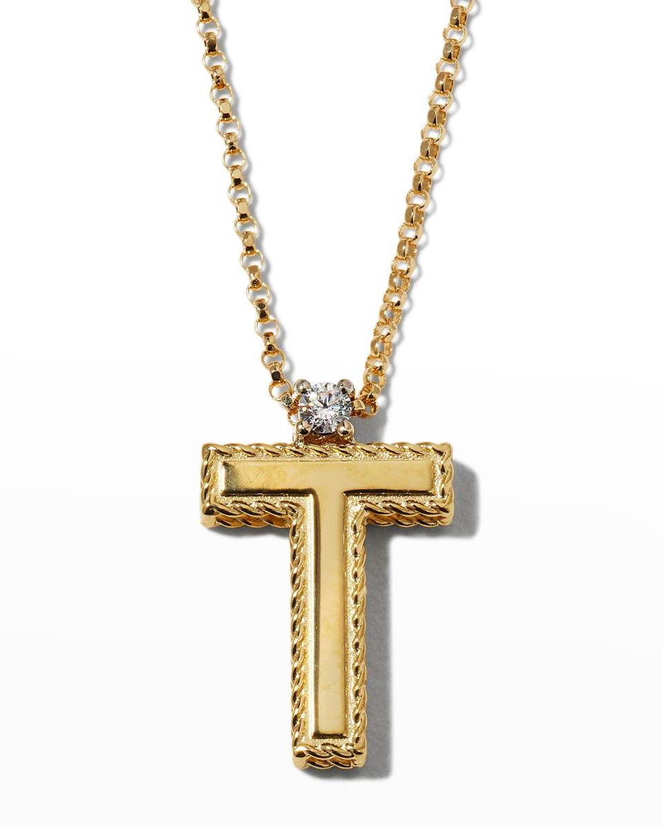 Princess 18K Yellow Gold Diamond Initial Necklace, T